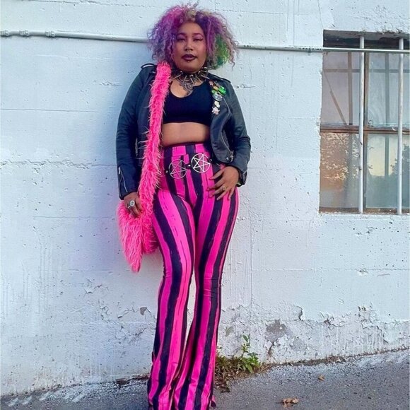 Too Fast ✦ Flare Pants XS ✦ Pink Black Striped High-Waisted 70s Punk Stretch NWT - Picture 9 of 11